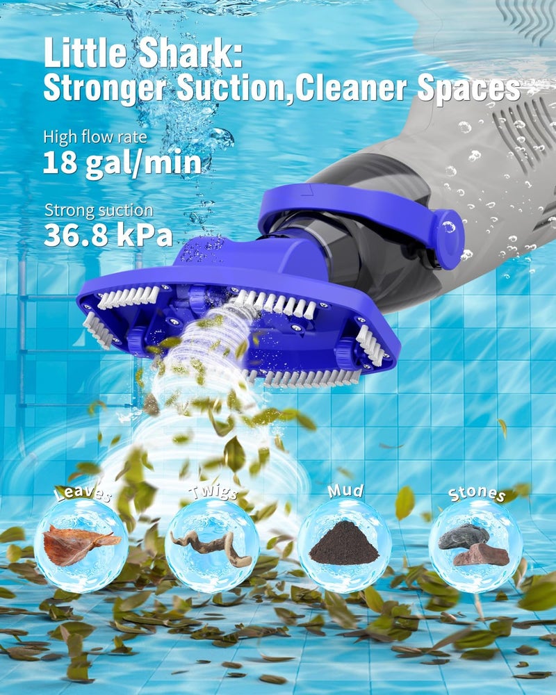 vuwo Little Shark Pool Vacuum for Above Ground Pool, Hot Tub Vacuum with a 60w Motor,18 Gal/Min Powerful Suction, Compact & Light Pool Vacuum with 5000mAh Battery, 1h Running Time - Image 3